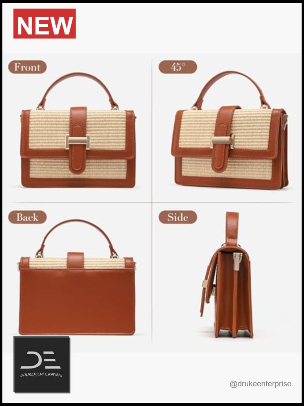 Straw Crossbody Bag, Vegan Leather Patchwork Summer Purse with Top Handle, - Picture 4 of 6